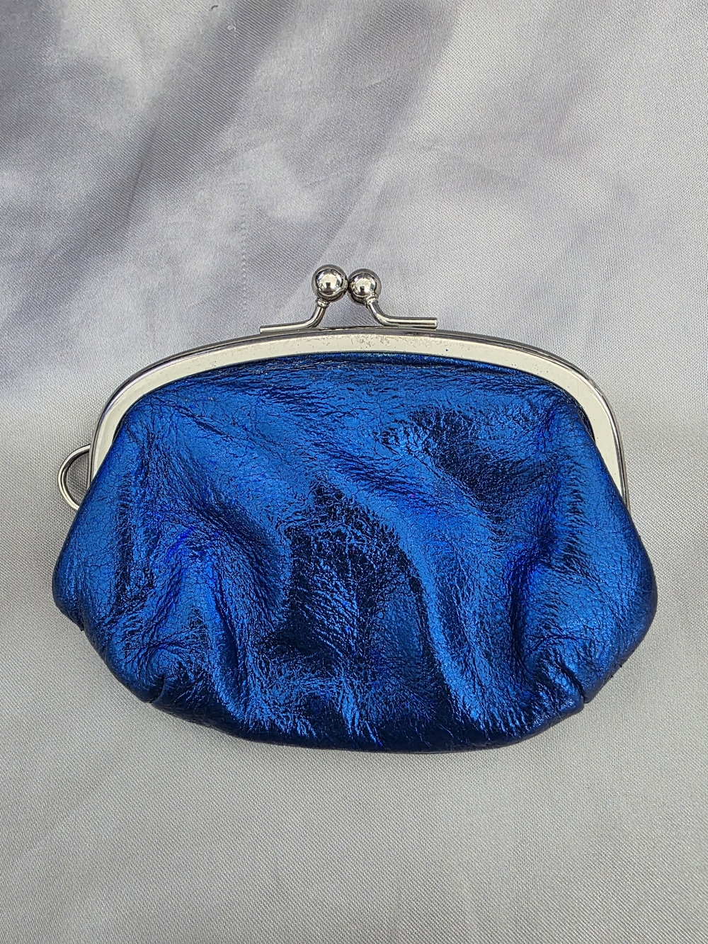 Metallic Blue Ruched Coin Purse with Silver Frame - Picture 2 of 8